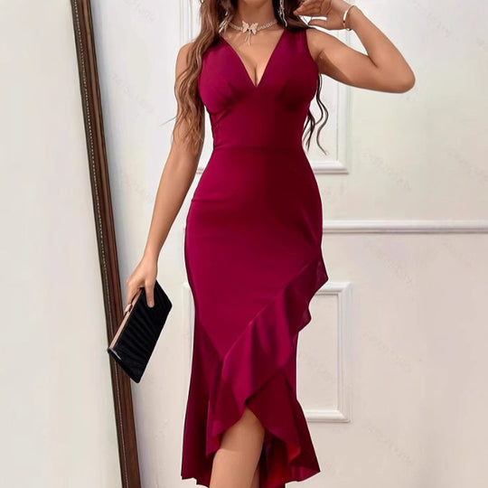 Damen Wickelkleid mit V-Ausschnitt und asymmetrischem Saum R&B