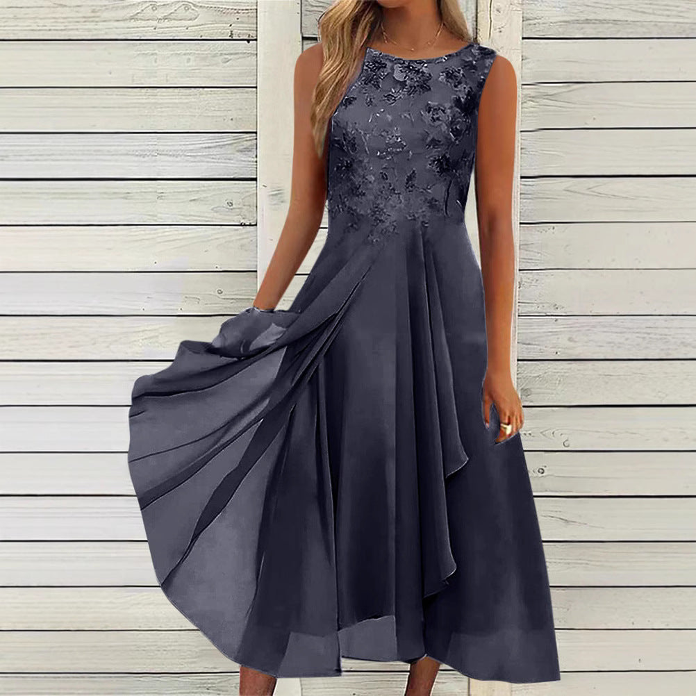 Damen nan ärmelloses Chiffon-Midikleid mit bestickter Brustpartie und asymmetrischem Lagenrock R&B