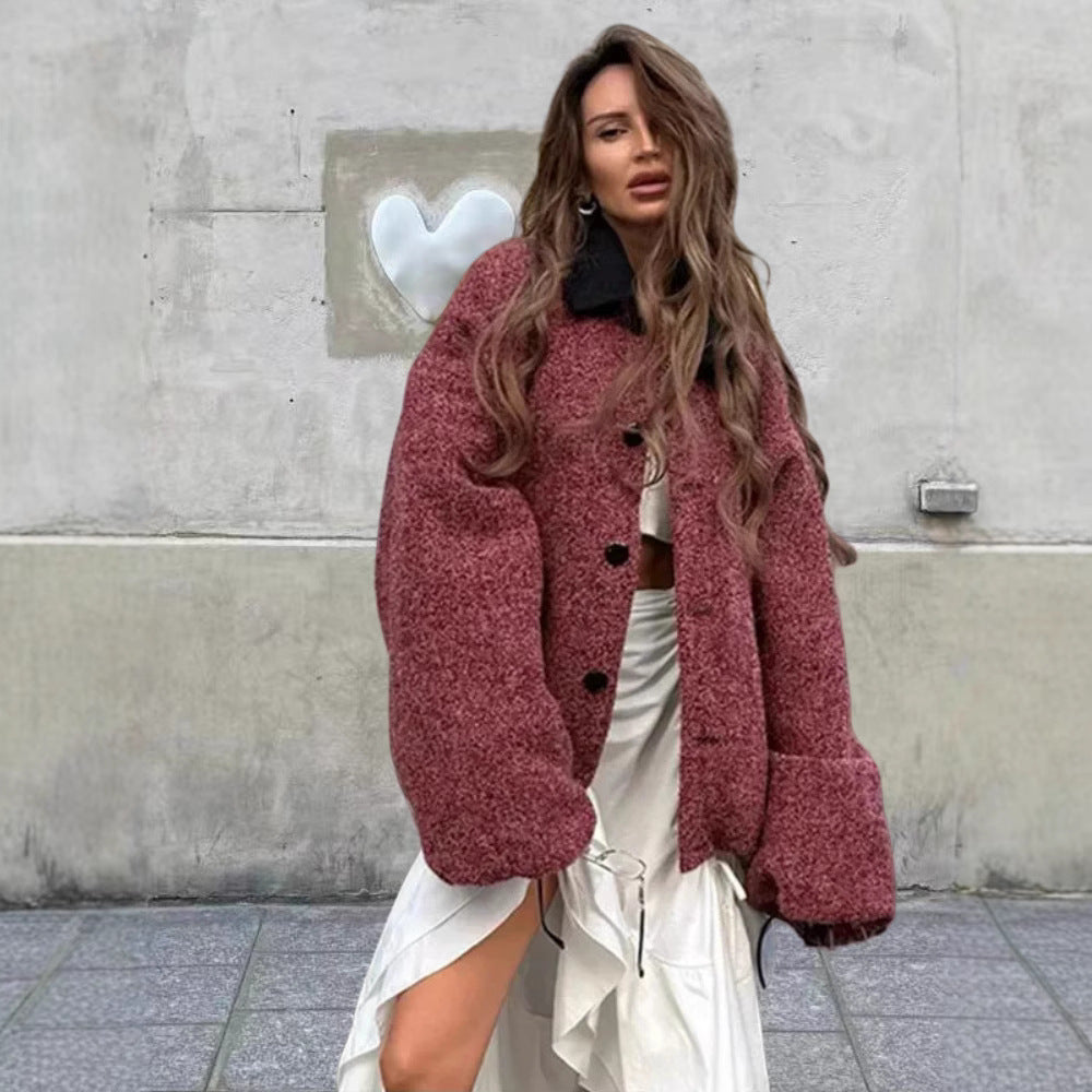 Damen kuschelige Oversize-Jacke mit großem Kragen R&B