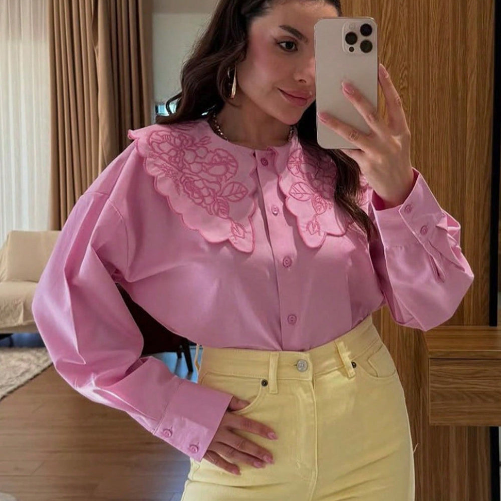 Damen elegante Bluse mit floralen Stickereien und Knopfleiste R&B