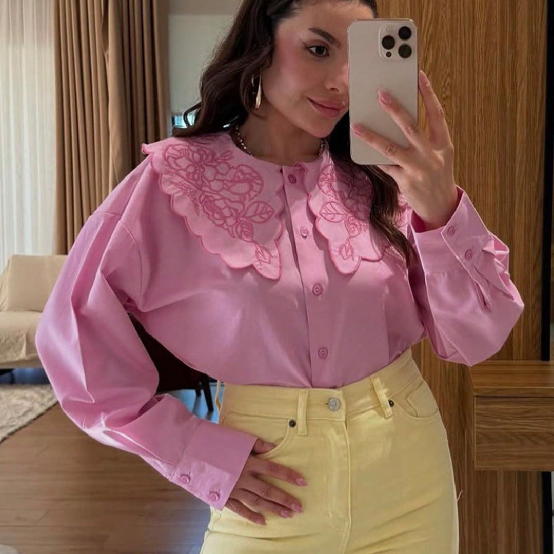 Damen elegante Bluse mit floralen Stickereien und Knopfleiste R&B