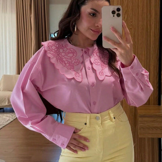 Damen elegante Bluse mit floralen Stickereien und Knopfleiste R&B