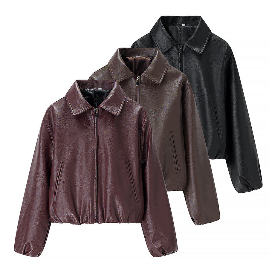 Damen nan kurze Glanz-Kunstlederjacke mit Hemdkragen, verdecktem Reißverschluss und elastischem Bund R&B