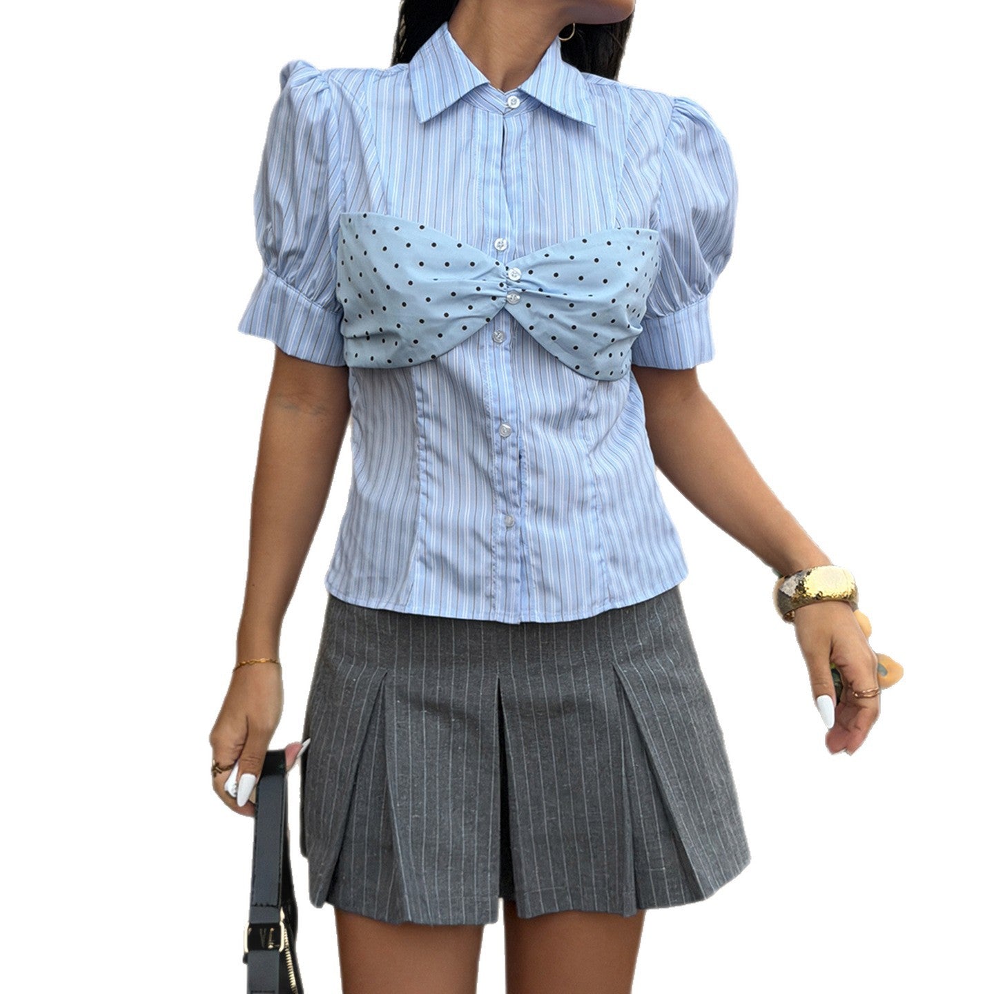 Damen Stylische gestreifte Bluse mit Rüschendetail und Punktenmuster R&B