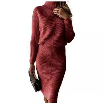 Damen Strickkleid mit hohem Kragen und eleganter Rippstruktur R&B