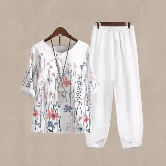 Damen Freizeit Oberteil mit floralem Muster und bequemer Hose R&B