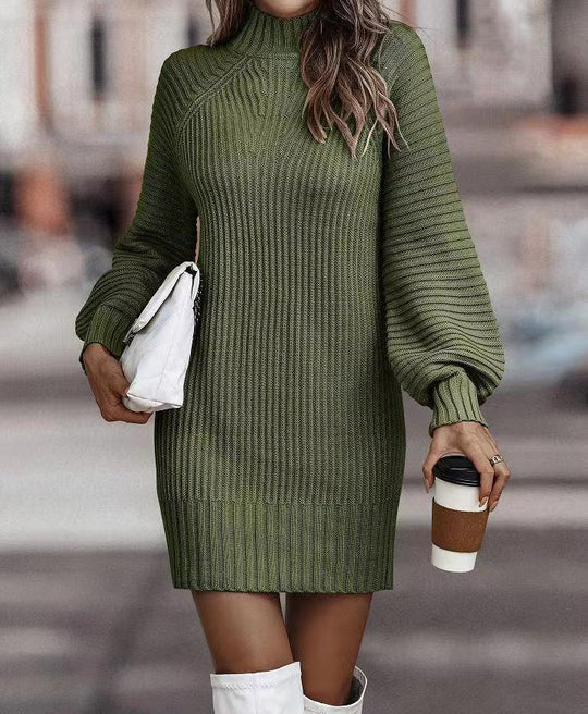 Damen Strickkleid mit weitem Rollkragen und puffärmeligen Details R&B
