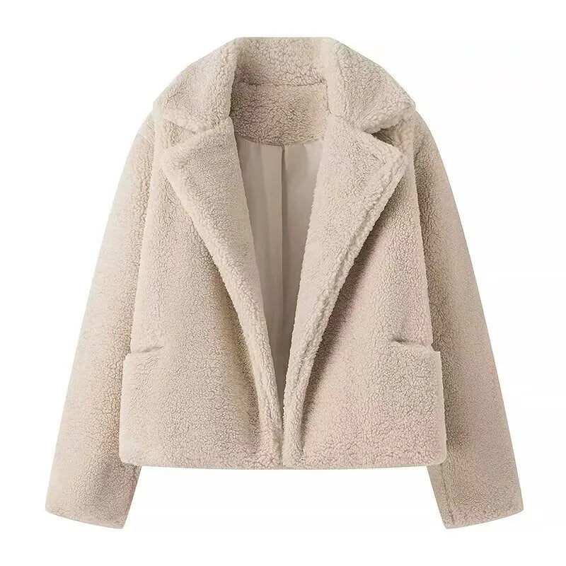 Damen kuschelige Plüschjacke mit klassischem Revers und praktischen Taschen R&B