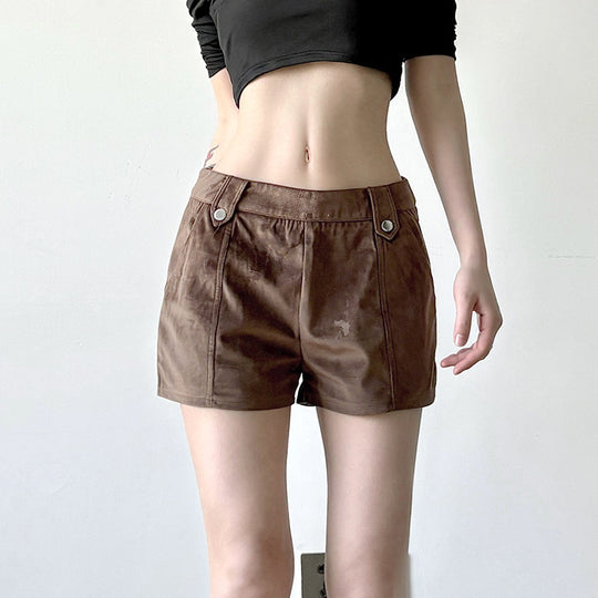 Damen Kunstleder Shorts mit dekorativem Knopf und figurbetontem Schnitt R&B