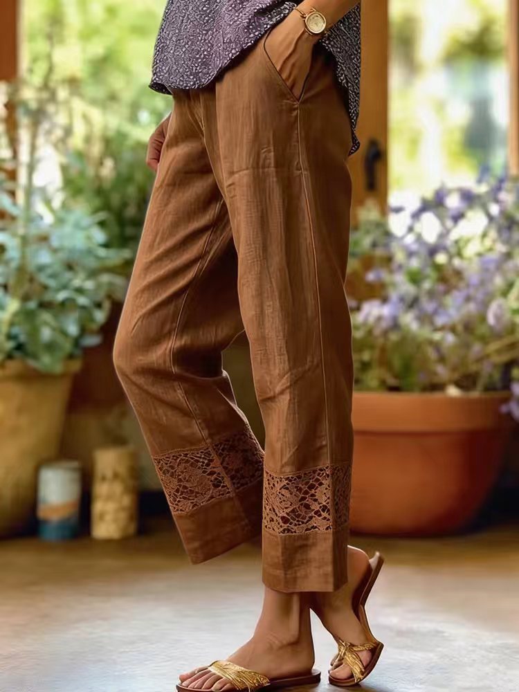 Damen Leichte Leinenhose mit Spitzenakzenten R&B