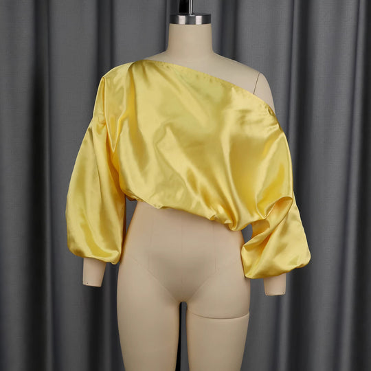 Damen elegantes asymmetrisches Oberteil mit voluminösen Puffärmeln R&B
