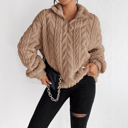 Damen Kuscheliger Fleece-Pullover mit hohem Kragen und Zipper-Detail R&B