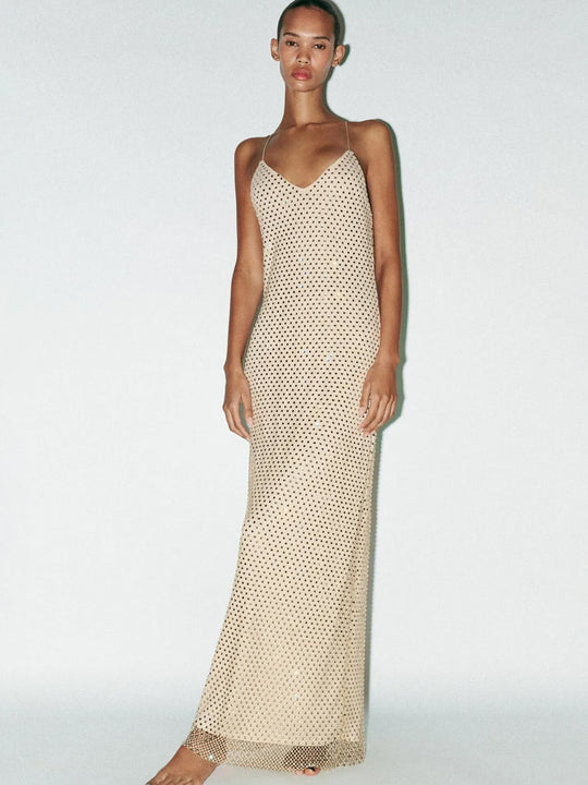 Damen Elegantes Maxikleid mit raffinierten Netzdetails und schmalen Spaghettiträgern R&B
