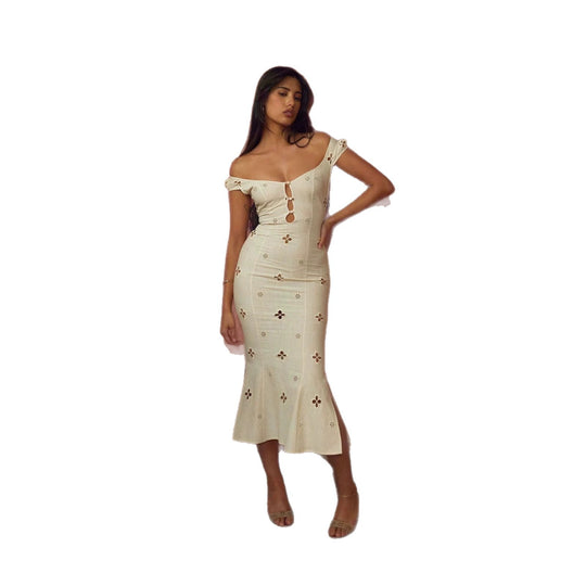 Damen Elegantes Maxikleid mit schulterfreiem Design und filigranen Blumenstickereien R&B