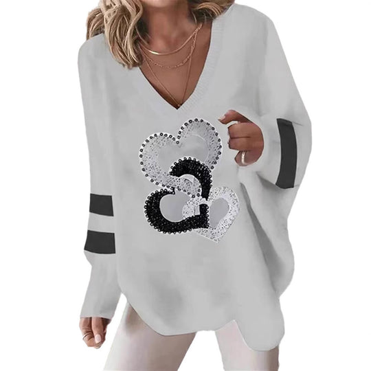 Damen nan übergroßer Strickpullover mit tiefem Ausschnitt Paillettenherz und Kontrastarmstreifen R&B