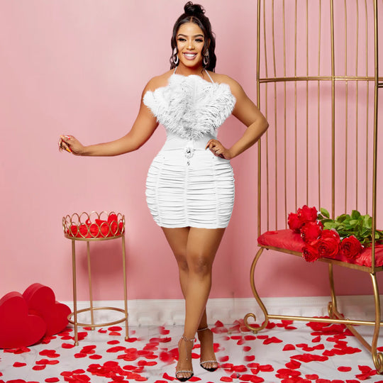 Damen Verführerisches Mini-Kleid mit Federn und Rüschendetails R&B