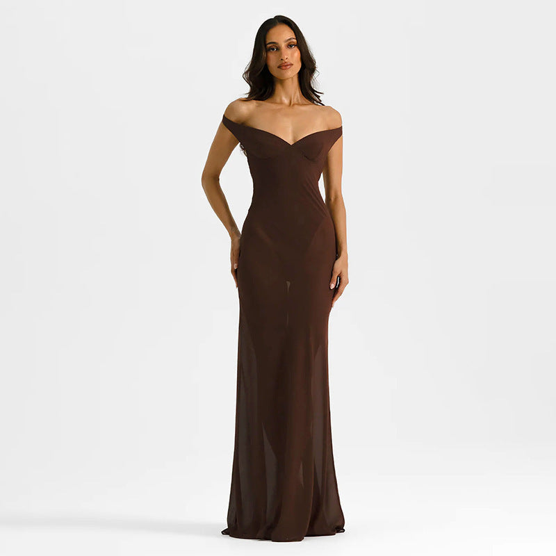 Damen Off-Shoulder Maxikleid mit figurbetontem Schnitt und hochwertigem Stoff R&B