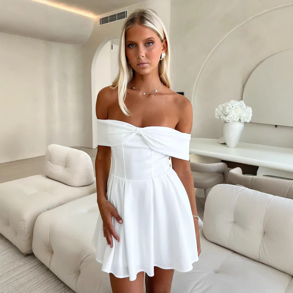 Damen Off-Shoulder Minikleid mit strukturiertem Oberteil und ausgestelltem Rock R&B