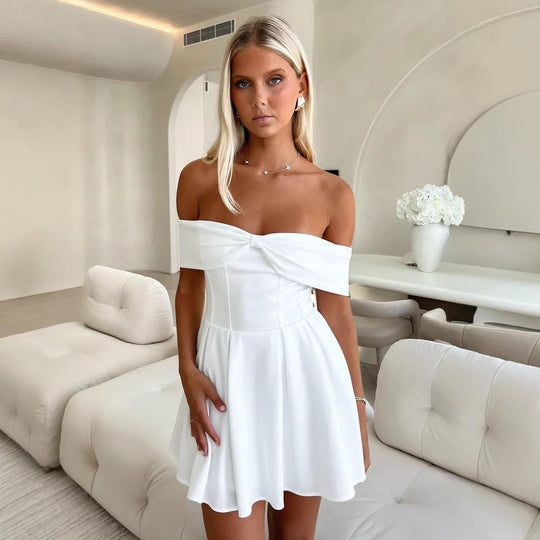 Damen Off-Shoulder Minikleid mit strukturiertem Oberteil und ausgestelltem Rock R&B