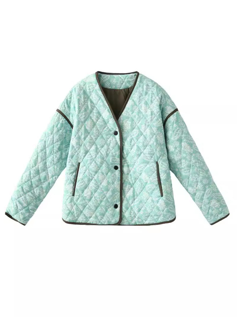 Damen gesteppte Herbstjacke mit einzigartigem floralen Muster und praktischen Taschen R&B