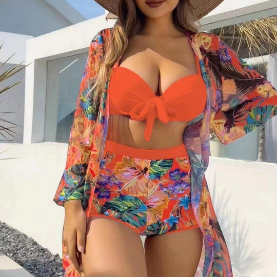 Damen Hochtailliertes Bikini-Set mit floralem Design und Bändchen R&B