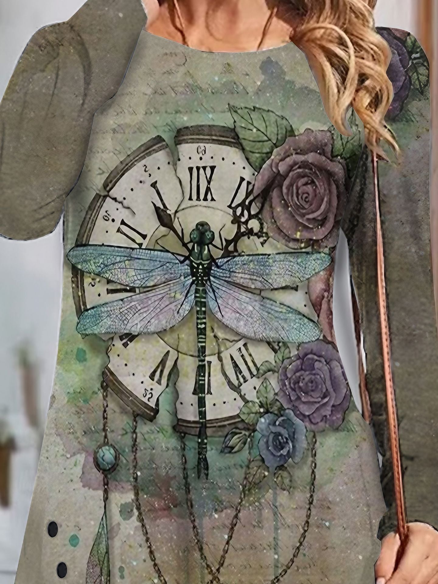 Damen künstlerisches Langarmkleid mit Drachenfliegen-Motiv