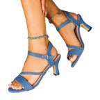 Damen High Heel Sandalen mit eleganten Denim-Riemen und komfortablem Blockabsatz R&B