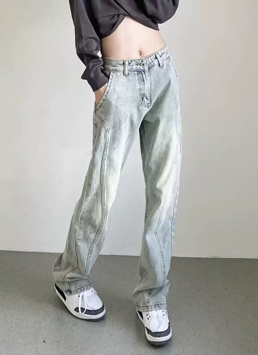 Damen weite High-Waist Denim-Jeans mit distressed Optik und bequemen Seitentaschen