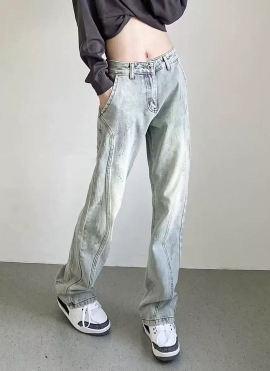 Damen weite High-Waist Denim-Jeans mit distressed Optik und bequemen Seitentaschen R&B