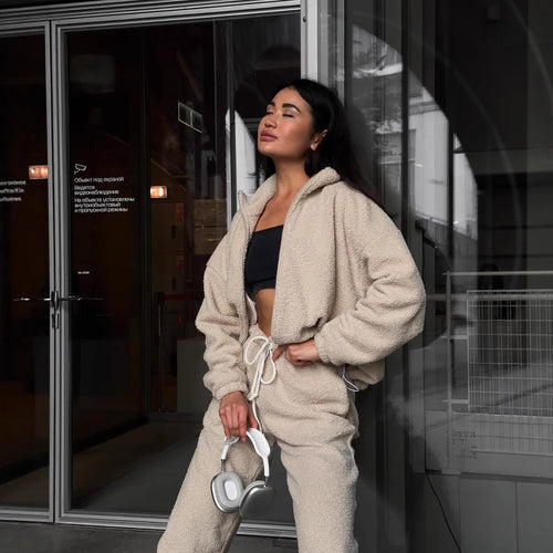 Damen gemütliches Fleece-Jogginganzug-Set mit Kapuze und elastischem Bund R&B