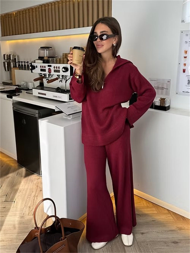 Damen gemütliches Strick-Loungewear-Set mit Kapuze und weitem Bein R&B