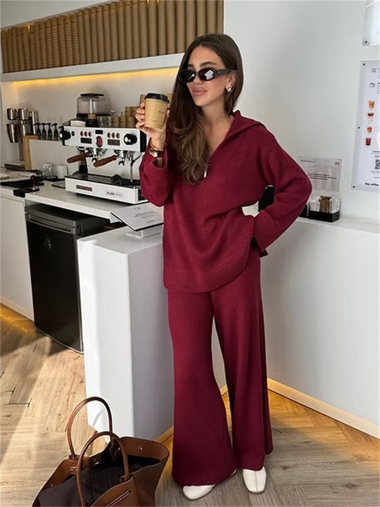 Damen gemütliches Strick-Loungewear-Set mit Kapuze und weitem Bein R&B