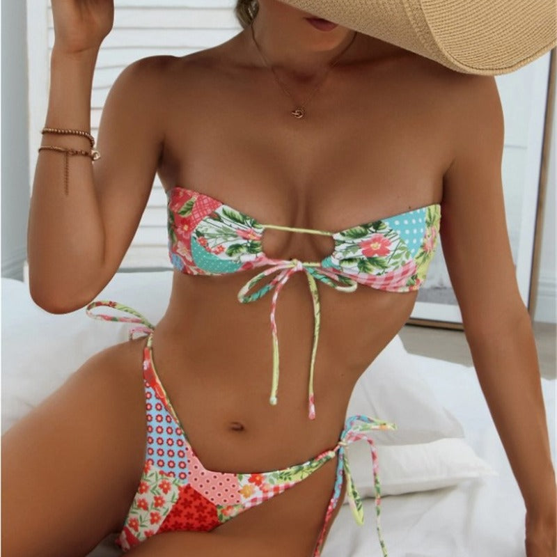 Damen Bandeau-Bikini-Set mit verspieltem Pünktchen-Muster und verstellbaren BindR&Bändern R&B