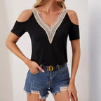 Damen nan leichtes Jerseyshirt mit offenen Schultern, tiefem V-Ausschnitt und gehäkeltem V‑Einsatz R&B