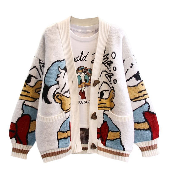 Damen Cartoon-Design Strickjacke mit breiten Ärmeln und Taschen R&B