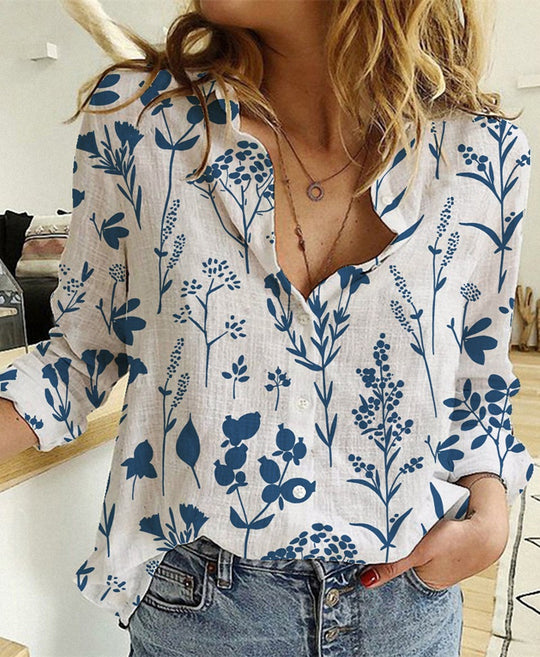 Damen nan lockere Leinenoptik-Bluse mit V-Ausschnitt botanischem Alloverprint und Dreiviertelärmeln R&B