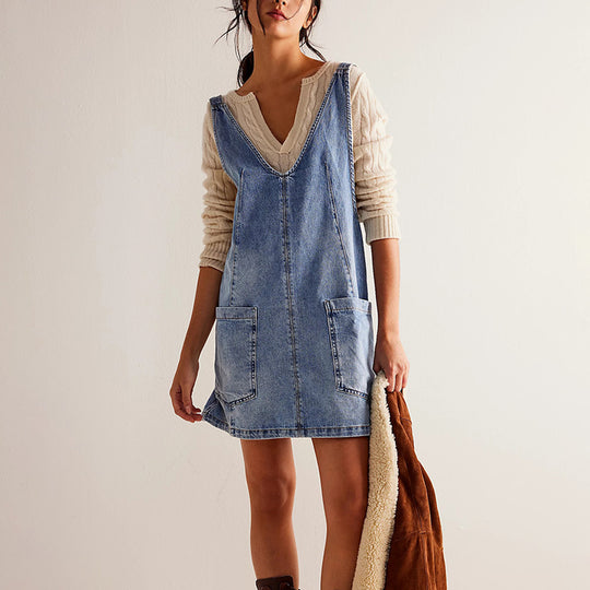 Damen lässiges Freizeitleinenkleid mit tiefem Ausschnitt und großen Taschen R&B