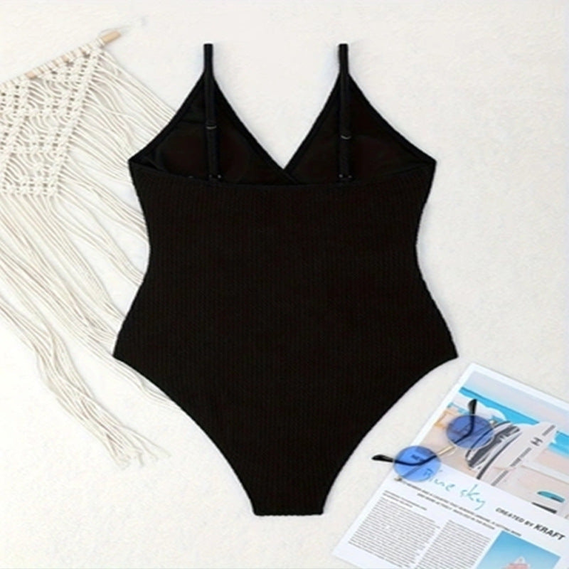 Damen Eleganter Einteiler Badeanzug mit modischem Wickeldetail und tiefem V-Ausschnitt R&B