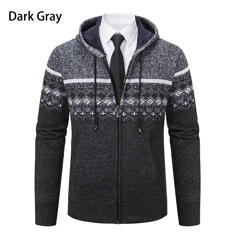 Herren stilvolle Strickjacke mit Kapuze und Norweger-Muster R&B