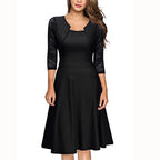 Damen Midi-Kleid mit Spitzenärmeln und schwingendem Rock R&B