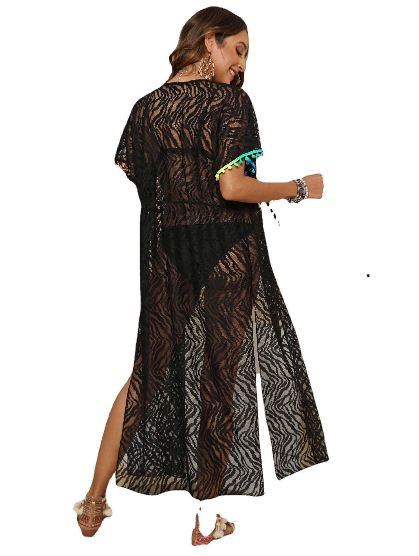 Damen transparenter Strandüberwurf mit eleganten Fransen R&B