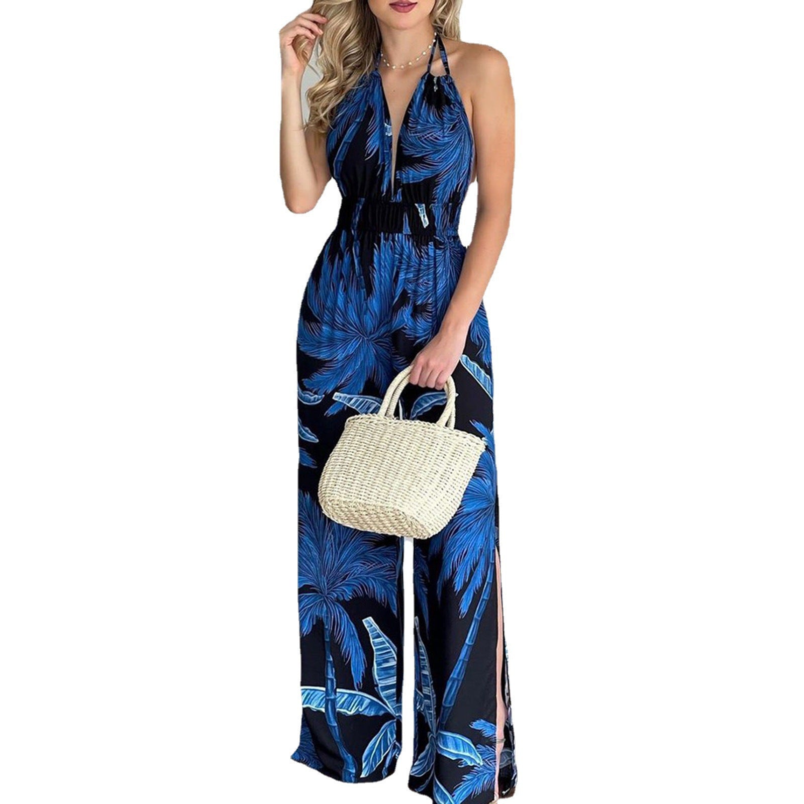 Damen eleganter Jumpsuit mit Spaghettiträgern und hohen Seitenschlitzen R&B