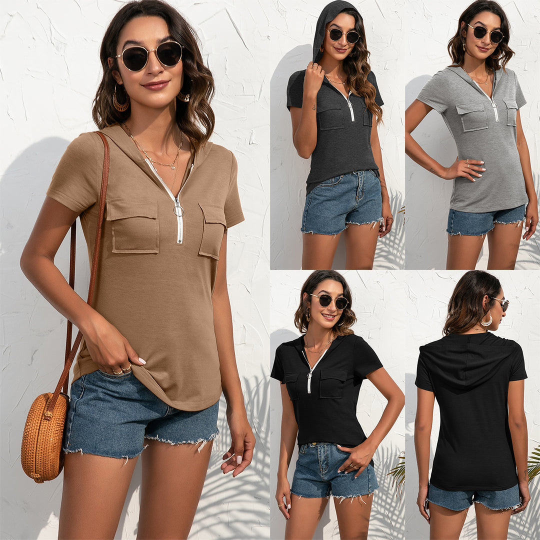 Damen Kurzarm Hoodie-Oberteil mit praktischen Taschen und Reißverschluss R&B