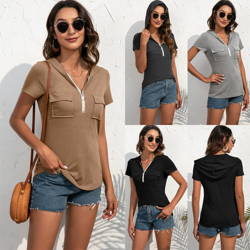 Damen Kurzarm Hoodie-Oberteil mit praktischen Taschen und Reißverschluss R&B