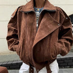 Damen oversized Kunstlederjacke mit elegantem Kragen und verstellbarem Taillenzug R&B