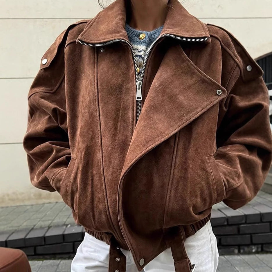 Damen oversized Kunstlederjacke mit elegantem Kragen und verstellbarem Taillenzug R&B