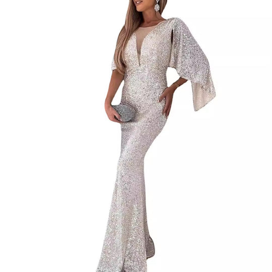 Damen Funkelndes Abendkleid mit tiefem V-Ausschnitt und weiten Ärmeln R&B