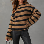 Damen gestreifter Grobstrickpullover mit lässigem Schnitt und weitem Arm R&B