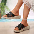 Damen Komfortable Wedge-Pantoletten mit elastischen Riemen und rutschfester Sohle R&B