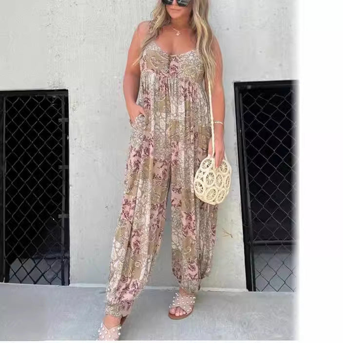 Damen Verspielter Maxijumpsuit mit floralem Muster und praktischen Taschen R&B